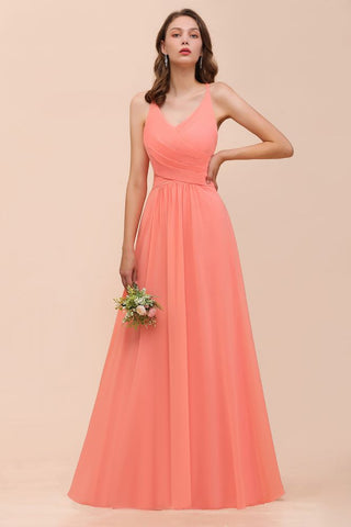Watermelon Colorful Bridesmaid Maxi Dress Floor-Length V-Neck Maid of Honor Dress