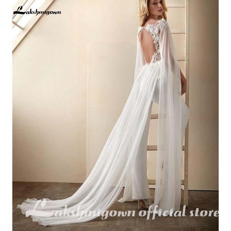 Baoleely Wedding Dress Jumpsuits With Wrap Floral Appliqued Short Sleeves