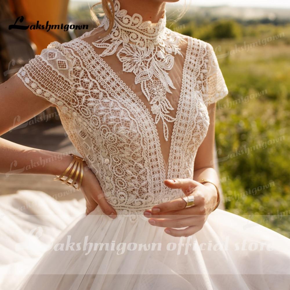 Baoleely Wedding Dress Lace Tulle High Neck Cap Sleeves A Line