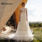 Baoleely Wedding Dress Lace Tulle High Neck Cap Sleeves A Line
