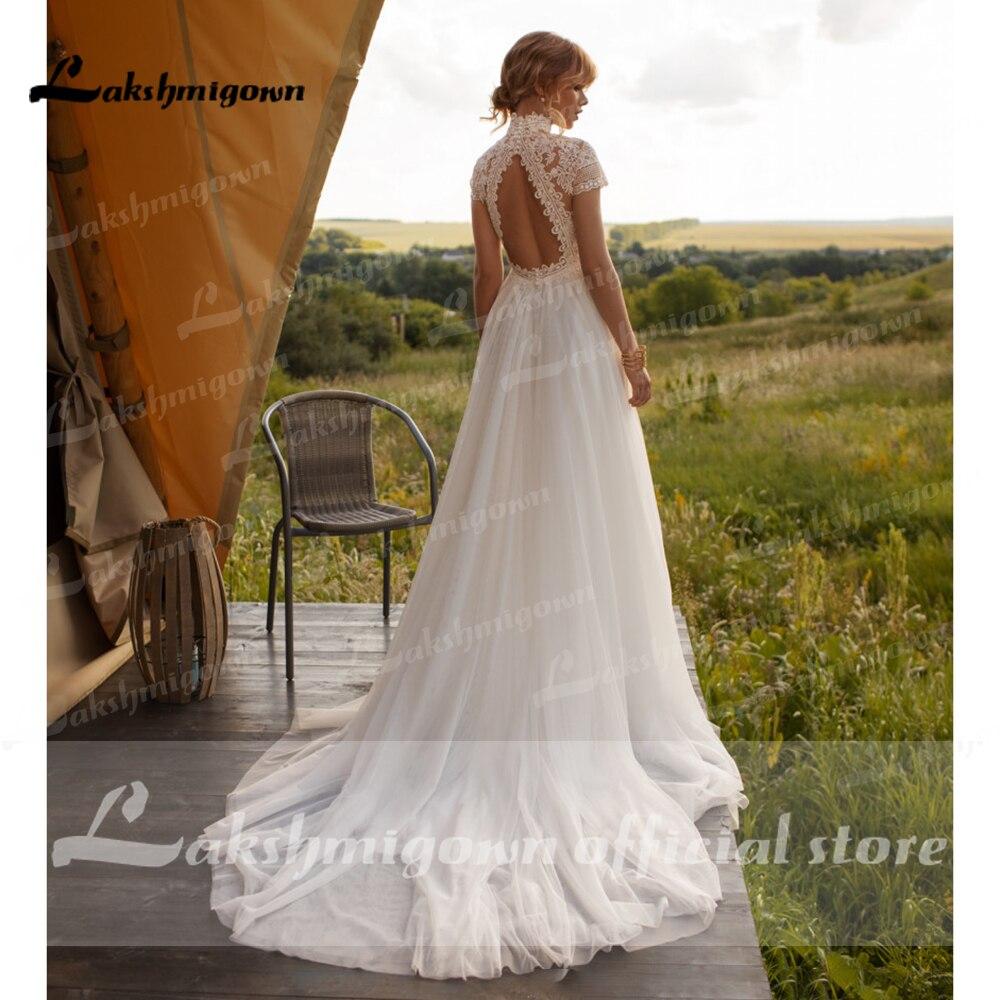 Baoleely Wedding Dress Lace Tulle High Neck Cap Sleeves A Line