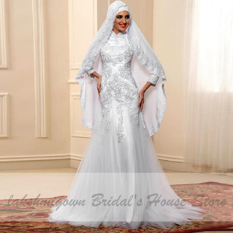 Baoleely Wedding Dress With Hijab Lace Beaded Mermaid Wedding Gown