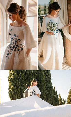 Vestido de novia romántico con bordado barco y manga corta WD483