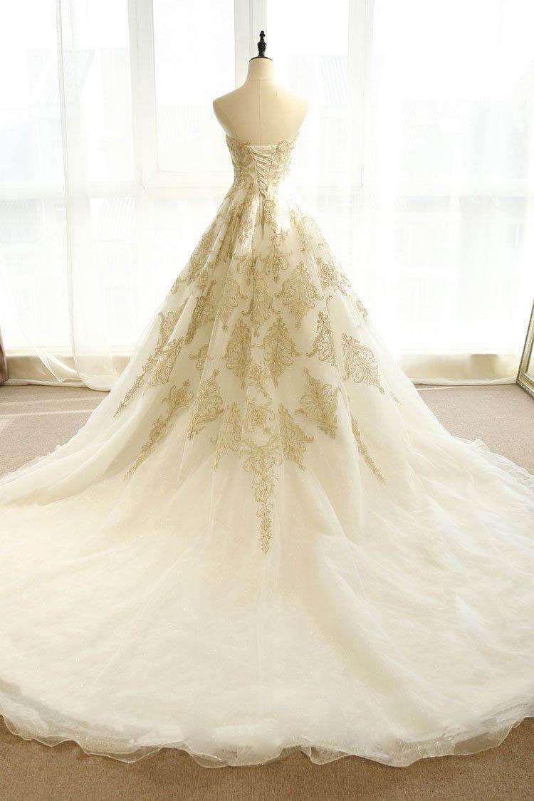 Robe de mariée ivoire à appliques dorées et traîne courte/balai WD430