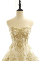 Robe de mariée ivoire à appliques dorées et traîne courte/balai WD430
