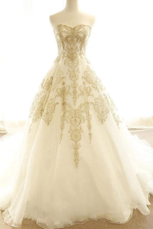Robe de mariée ivoire à appliques dorées et traîne courte/balai WD430