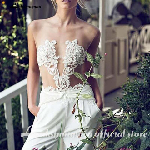 Baoleely Wedding Dresses Jumpsuit with Removable Skirt Lace Appliques
