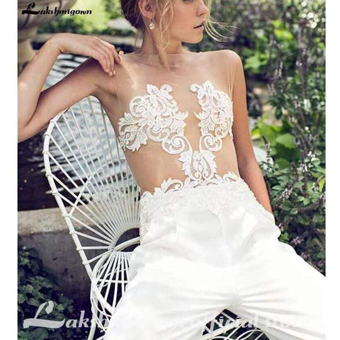 Baoleely Wedding Dresses Jumpsuit with Removable Skirt Lace Appliques