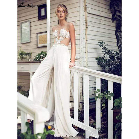 Baoleely Wedding Dresses Jumpsuit with Removable Skirt Lace Appliques