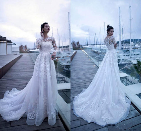 Baoleely Wedding Dresses Lace Applique Long Sleeve O-neck