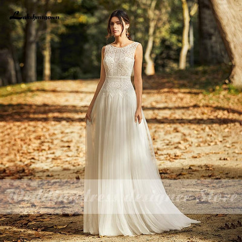 Baoleely Wedding Dresses Open Back Lace Tulle Bridal Gown Scoop Neck