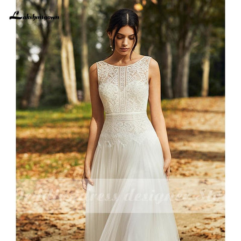 Baoleely Wedding Dresses Open Back Lace Tulle Bridal Gown Scoop Neck