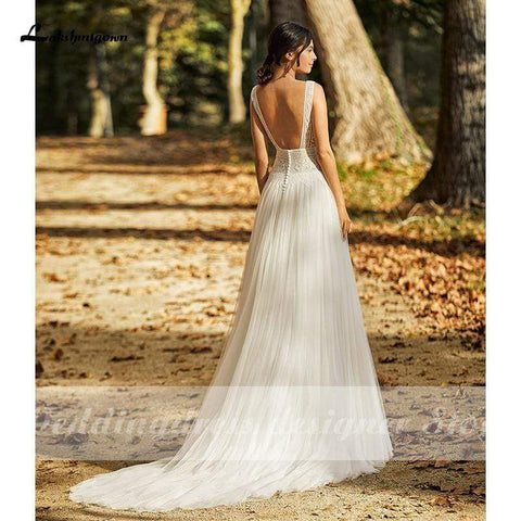 Baoleely Wedding Dresses Open Back Lace Tulle Bridal Gown Scoop Neck