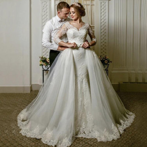 Baoleely Wedding Dresses V Neck sheer illusion 3/4 Long Sleeves
