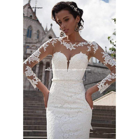 Baoleely Wedding Dresses White Shiny Long Sleeve V Neck