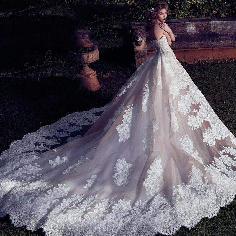 Baoleely Wedding Dresses With Detachable Train  Backless Lace Applique Bridal Gowns