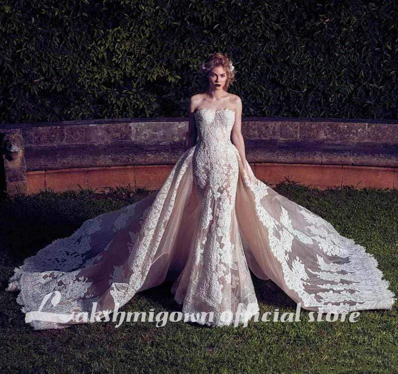 Baoleely Wedding Dresses With Detachable Train  Backless Lace Applique Bridal Gowns