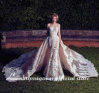 Baoleely Wedding Dresses With Detachable Train  Backless Lace Applique Bridal Gowns