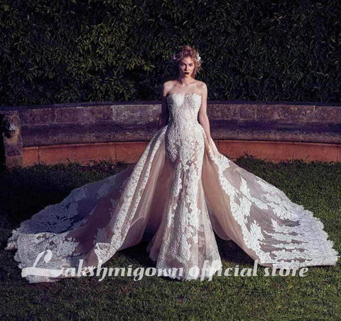 Baoleely Wedding Dresses With Detachable Train  Backless Lace Applique Bridal Gowns