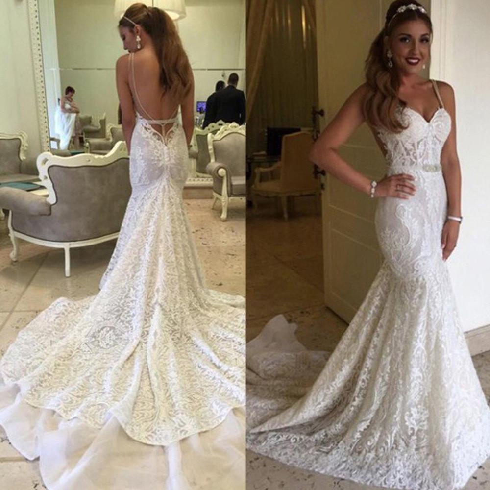 Baoleely White Sweetheart Lace Mermaid Spaghetti Open Back Wedding Dresses, MW259