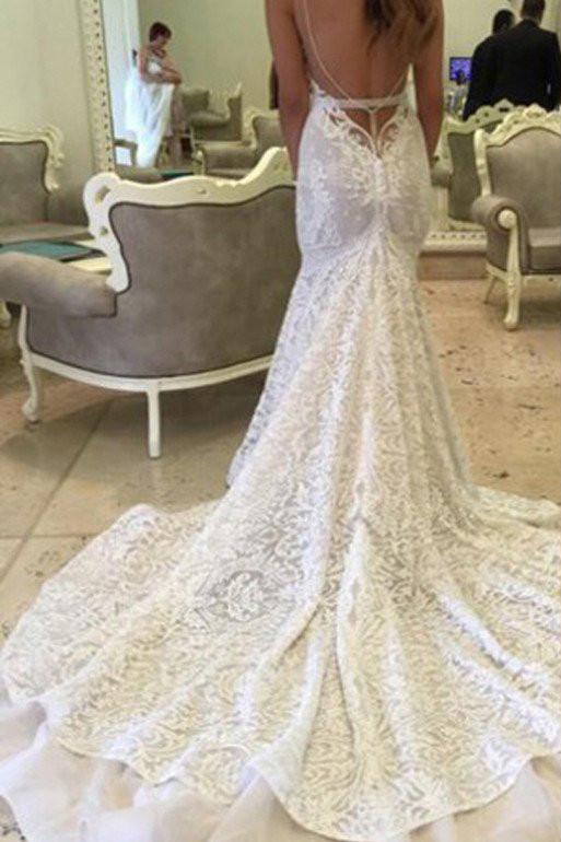 Baoleely White Sweetheart Lace Mermaid Spaghetti Open Back Wedding Dresses, MW259