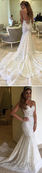 Baoleely White Sweetheart Lace Mermaid Spaghetti Open Back Wedding Dresses, MW259