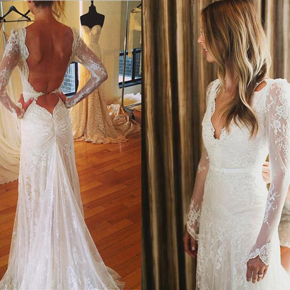 Baoleely White Tulle Lace Open Back V-neck Mermaid Long Sleeve Wedding Dresses, MW177