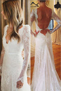 Baoleely White Tulle Lace Open Back V-neck Mermaid Long Sleeve Wedding Dresses, MW177