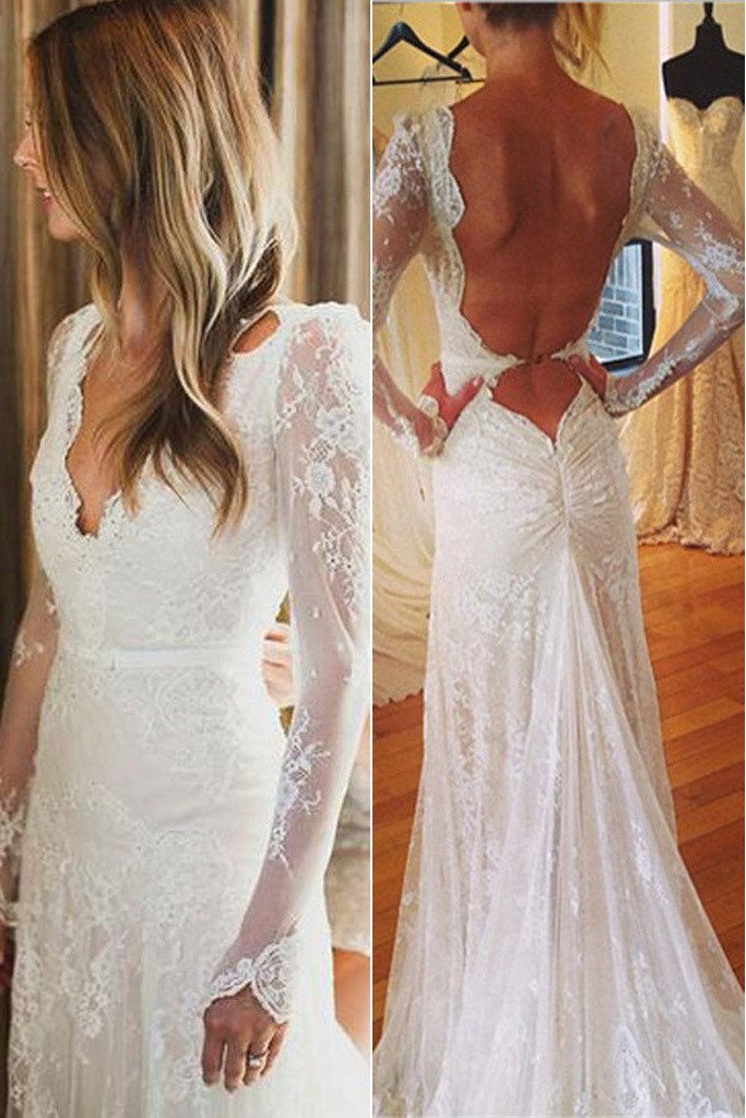 Baoleely White Tulle Lace Open Back V-neck Mermaid Long Sleeve Wedding Dresses, MW177