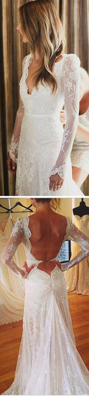 Baoleely White Tulle Lace Open Back V-neck Mermaid Long Sleeve Wedding Dresses, MW177