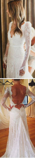 Baoleely White Tulle Lace Open Back V-neck Mermaid Long Sleeve Wedding Dresses, MW177