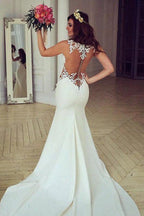 Baoleely White Lace Mermaid See Through Long Wedding Dresses with Sweep Train, MW185