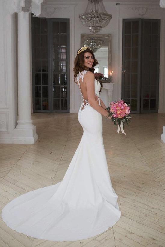 Baoleely White Lace Mermaid See Through Long Wedding Dresses with Sweep Train, MW185
