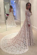 Baoleely White Lace Backless A line Long Sleeve Long Wedding Dresses, Bridal Dresses, MW190