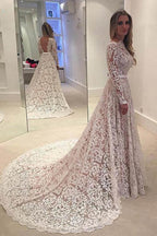 Baoleely White Lace Backless A line Long Sleeve Long Wedding Dresses, Bridal Dresses, MW190