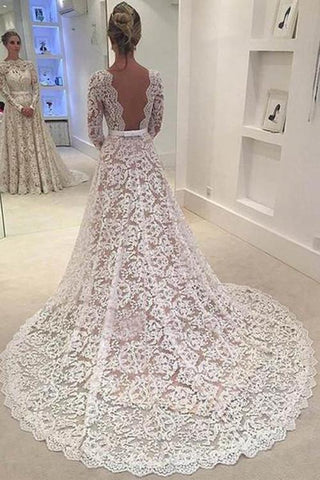 Baoleely White Lace Backless A line Long Sleeve Long Wedding Dresses, Bridal Dresses, MW190