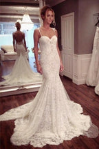 Baoleely White Spaghetti Straps Mermaid Backless Lace Wedding Dresses, Bridal Gown, MW102