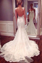 Baoleely White Spaghetti Straps Mermaid Backless Lace Wedding Dresses, Bridal Gown, MW102