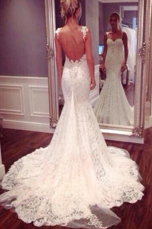 Baoleely White Spaghetti Straps Mermaid Backless Lace Wedding Dresses, Bridal Gown, MW102