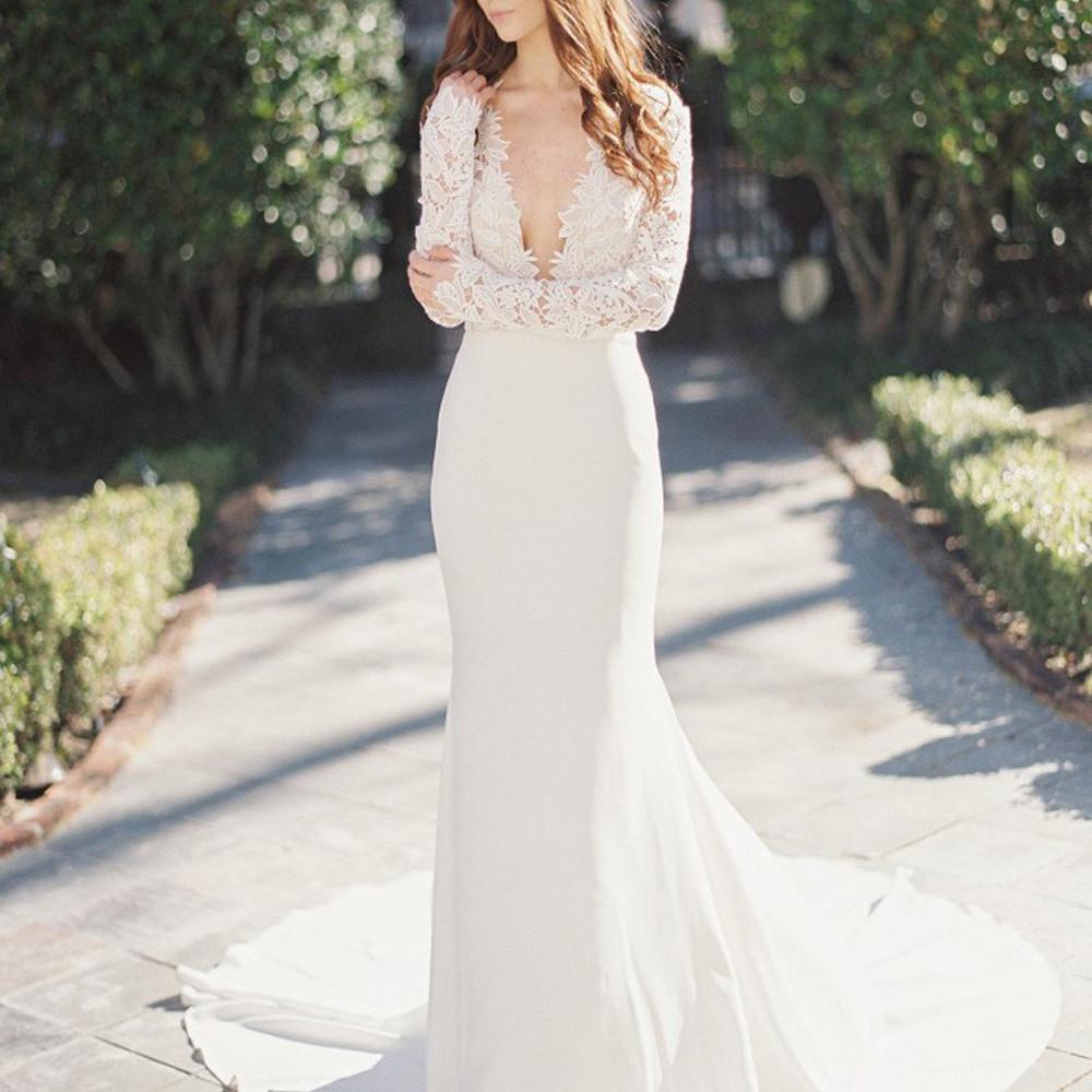 Baoleely White Mermaid Deep V-Neck Long Sleeve Lace Wedding Dresses, MW195