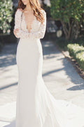Baoleely White Mermaid Deep V-Neck Long Sleeve Lace Wedding Dresses, MW195