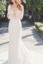 Baoleely White Mermaid Deep V-Neck Long Sleeve Lace Wedding Dresses, MW195