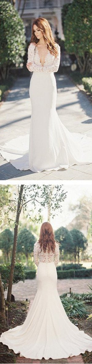 Baoleely White Mermaid Deep V-Neck Long Sleeve Lace Wedding Dresses, MW195