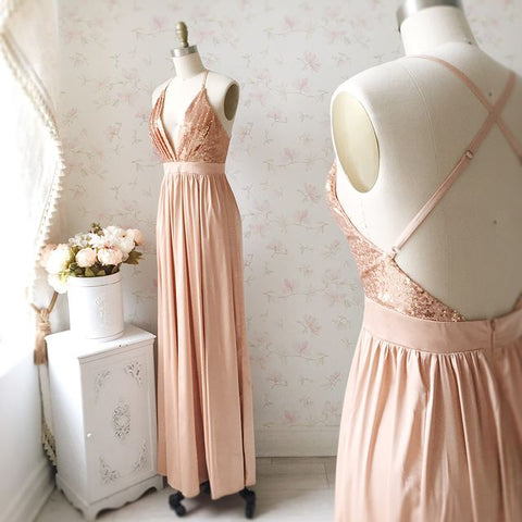 Vestido de dama de honor con escote en V y lentejuelas en oro rosa para invitada de boda