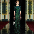 Robes de soirée sirène longues et sexy à paillettes, col rond, vertes, pour fête 