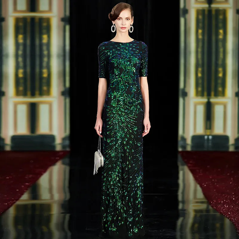 Robes de soirée sirène longues et sexy à paillettes, col rond, vertes, pour fête 