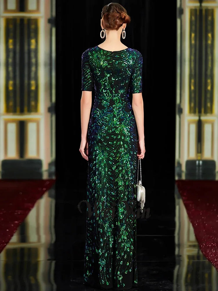 Robes de soirée sirène longues et sexy à paillettes, col rond, vertes, pour fête 