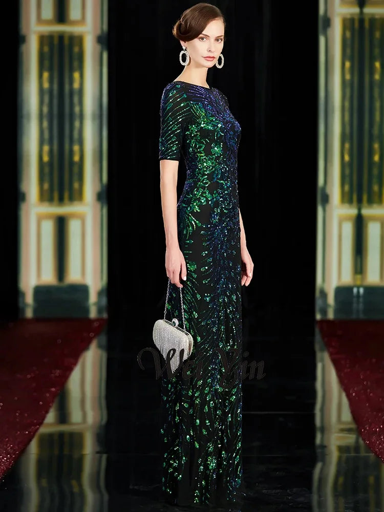 Robes de soirée sirène longues et sexy à paillettes, col rond, vertes, pour fête 