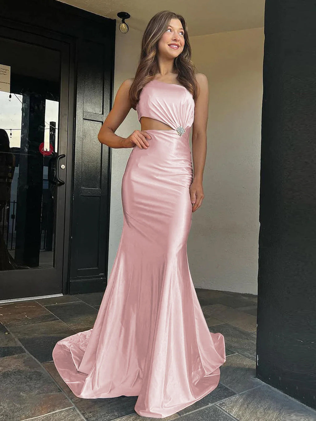 Welsie | Vestido largo de fiesta de sirena color champán con un solo hombro y satén