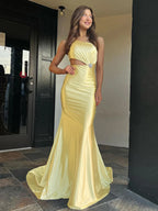 Welsie | Vestido largo de fiesta de sirena color champán con un solo hombro y satén